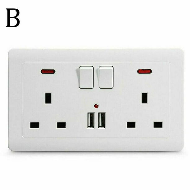 New Safe Double Wall Uk Plug Socket 2 Gang 13A USB Charger 2 Ports Outlet Plates